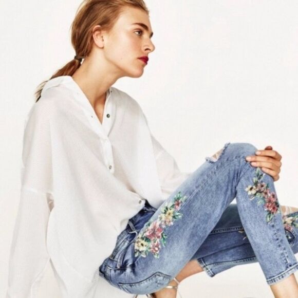 ZARA Basic Distressed Floral Print Skinny Jeans - Picture 5 of 11